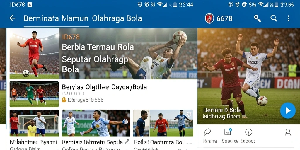 Antarmuka aplikasi ID678 menampilkan berita terbaru olahraga bola.